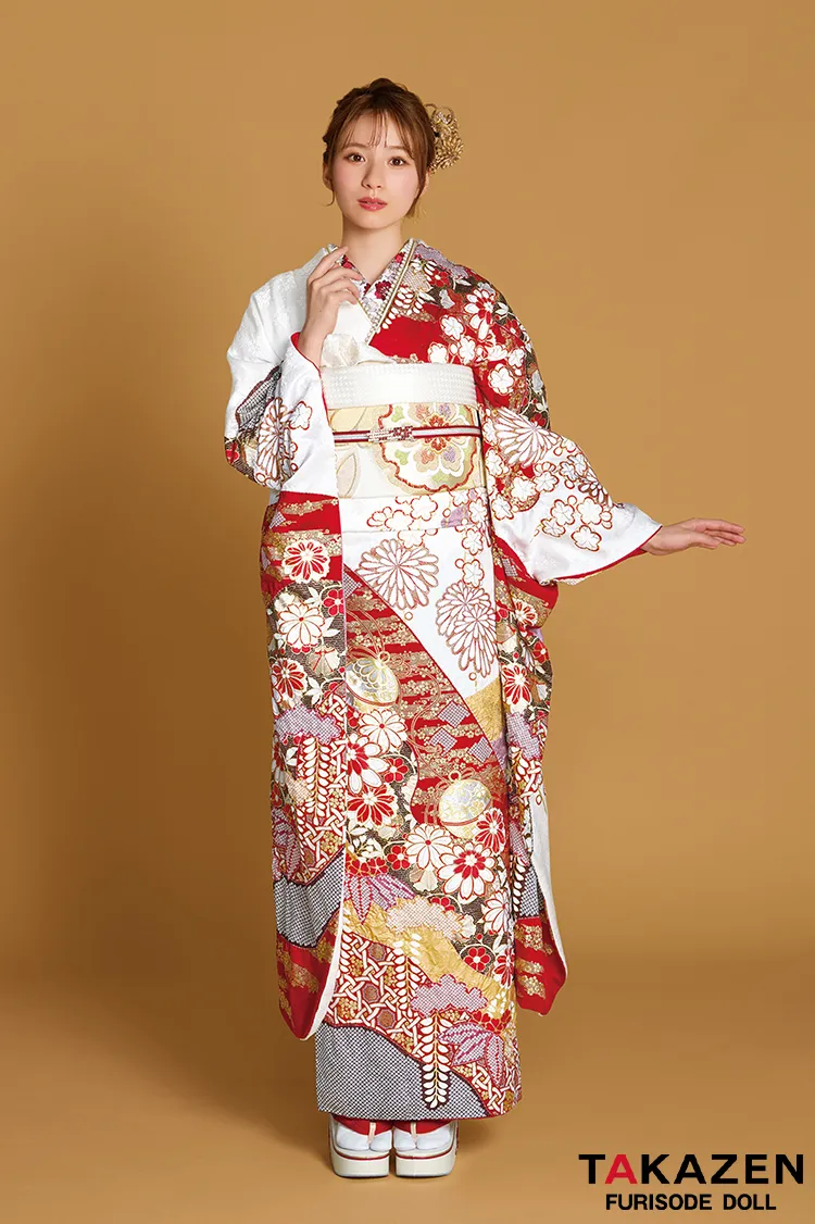 最高級古典柄振袖 滝泰/最高級金彩刺繍絞り友禅 赤/金 貝桶柄/牡丹柄