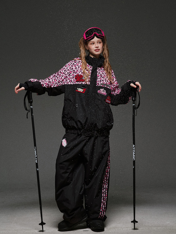 2026 スノボウェア 上下セット ヒョウ柄 ピンク黒 撥水 防寒