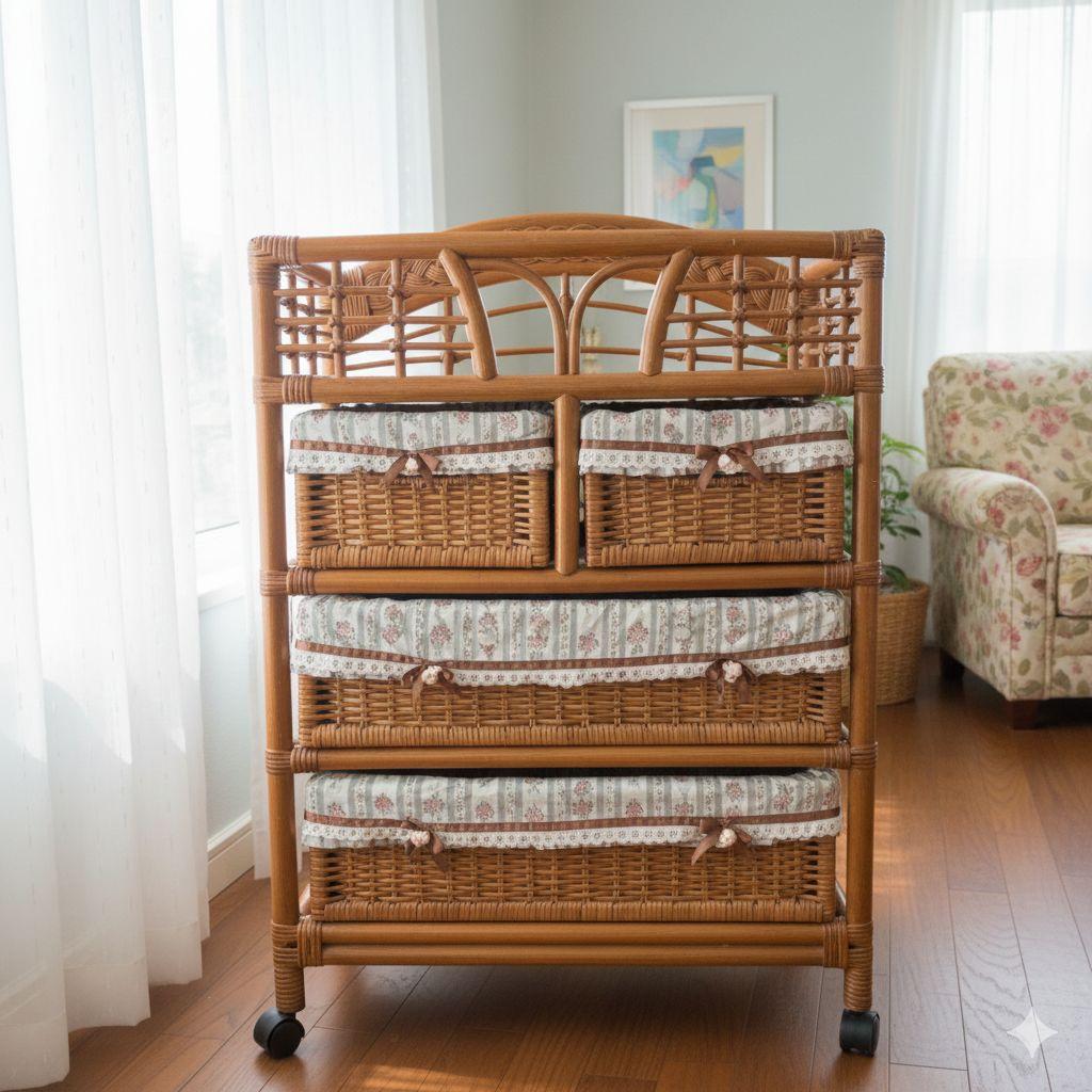 ​ラタン 籐 チェスト 4段 バスケットワゴン キャスター付 花柄カバー 収納 籐製ランドリーチェスト4段 完成品 衣類 おもちゃ 引出し 布張り